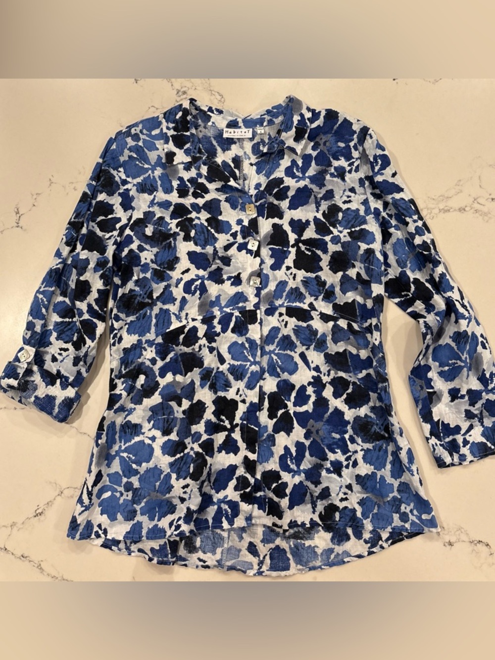 Habitat 100% Linen Blue and White Floral Button-Front Tunic Coastal Chic Summer